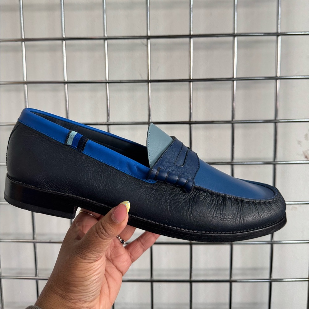 Blu Scarpa La Tricolore Blue Calf Leather College Loafers Mens Size 13 Italy